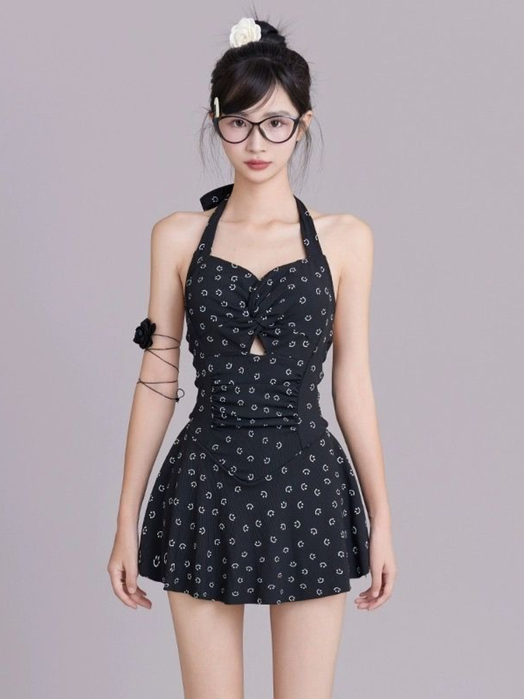 Slim Fit Suit Set - Women's Halter One Piece Swimsuit Skirted