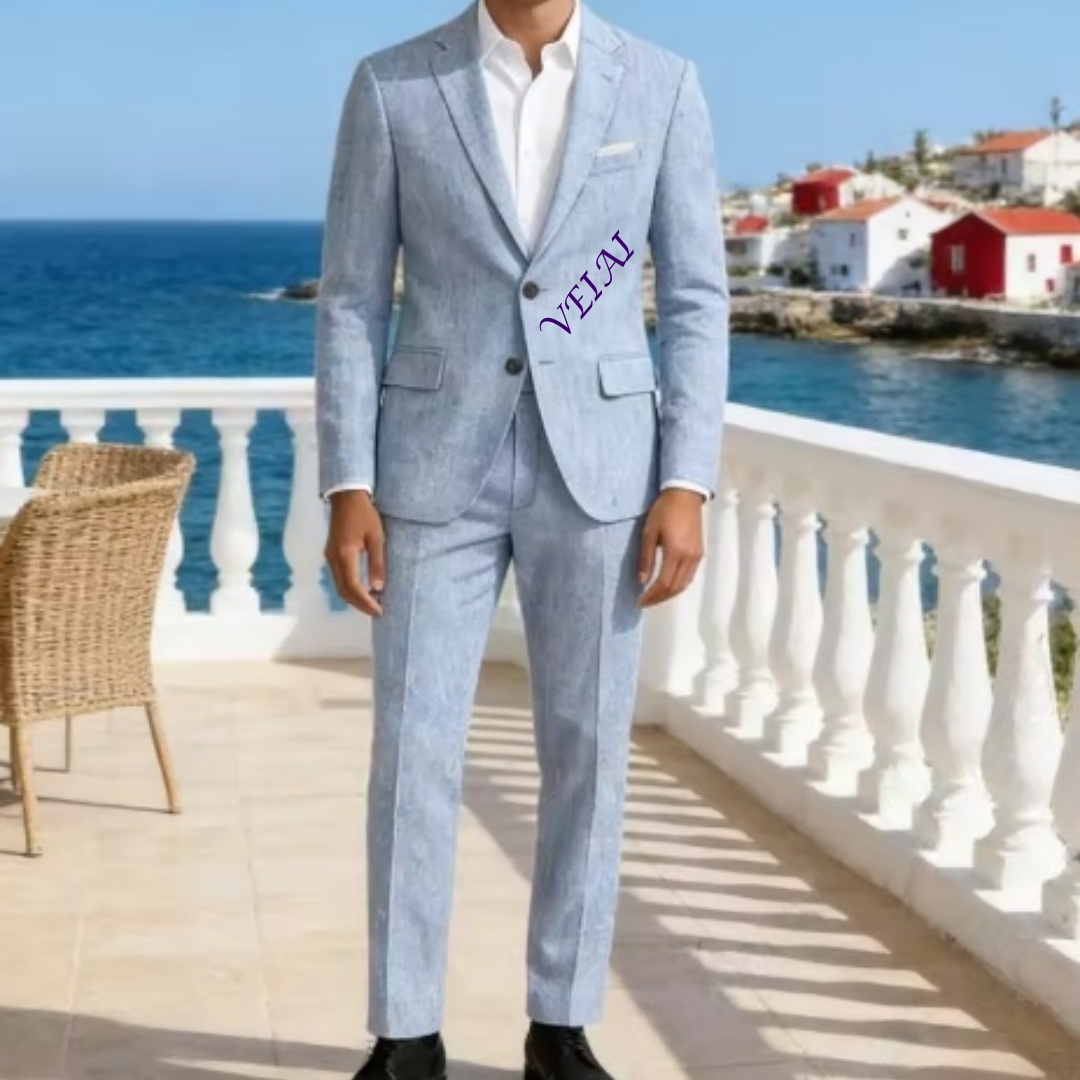 Men'S Formal Beach Wear - Customized Soft Sky Blue Linen 2PCS