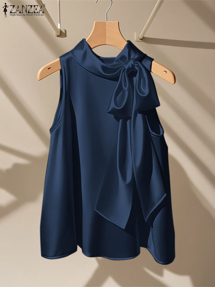 Satin Bow Tie - ZANZEA Elegant Blouses Bow Tie Tops