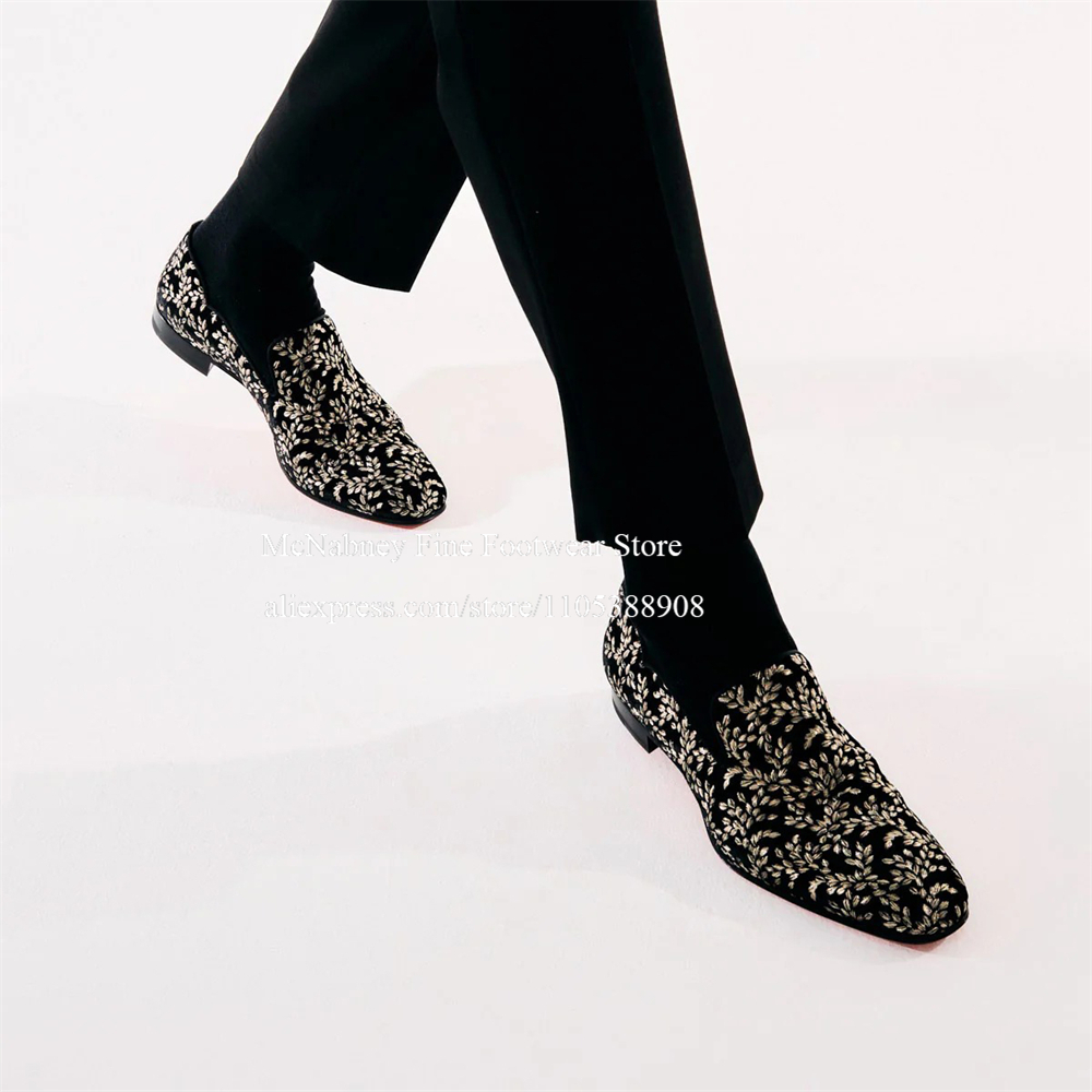Men Formal Wear Dress - Black Silk Velvet Slip On Loafers