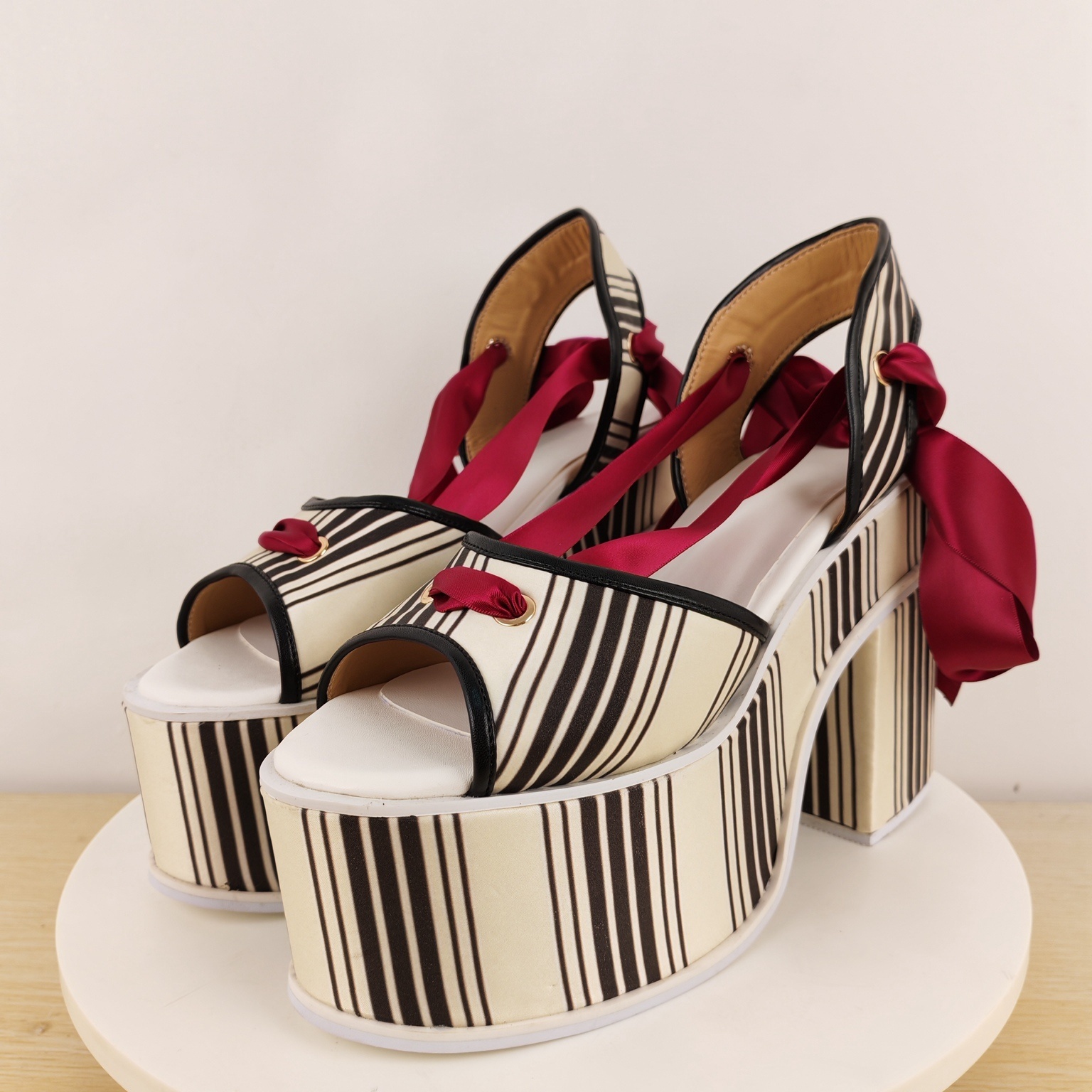 Satin Bow Tie - Women's Striped Canvas Chunky Heel Platform