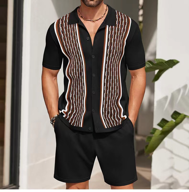 Men'S Formal Beach Wear - Simple Men Shirt Sets Vintage Stripe