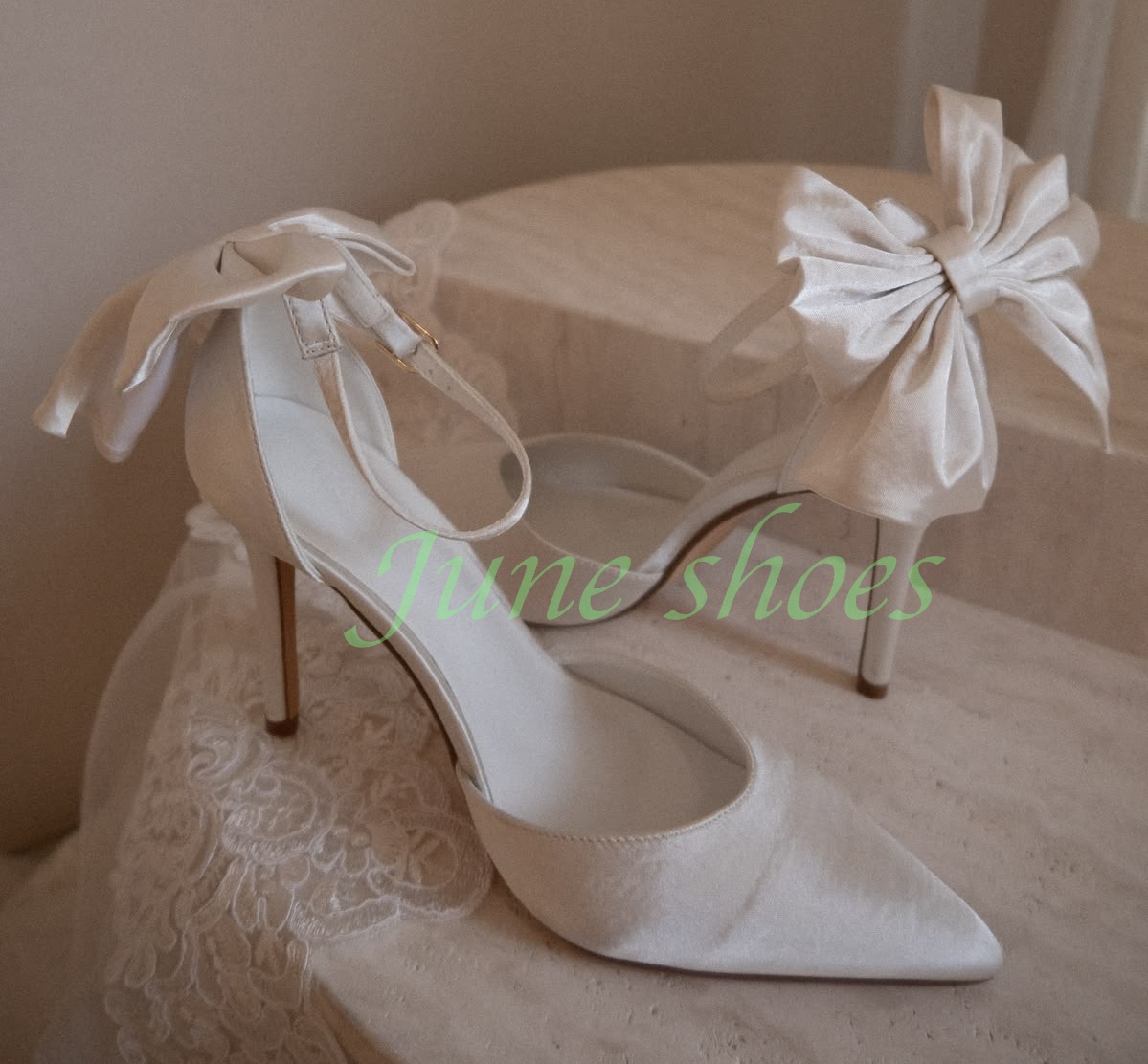 Satin Bow Tie - Women Ivory Satin Pointed Toe Ankle
