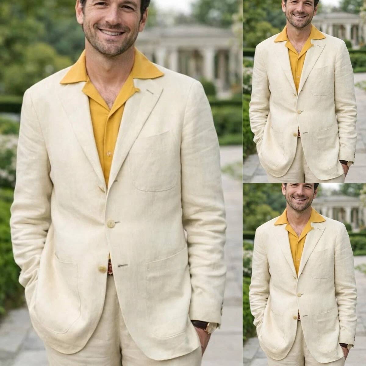 Beige Linen 2 Pieces Men's Sui - đánh giá và giá Men'S Relaxed Formal Wear
