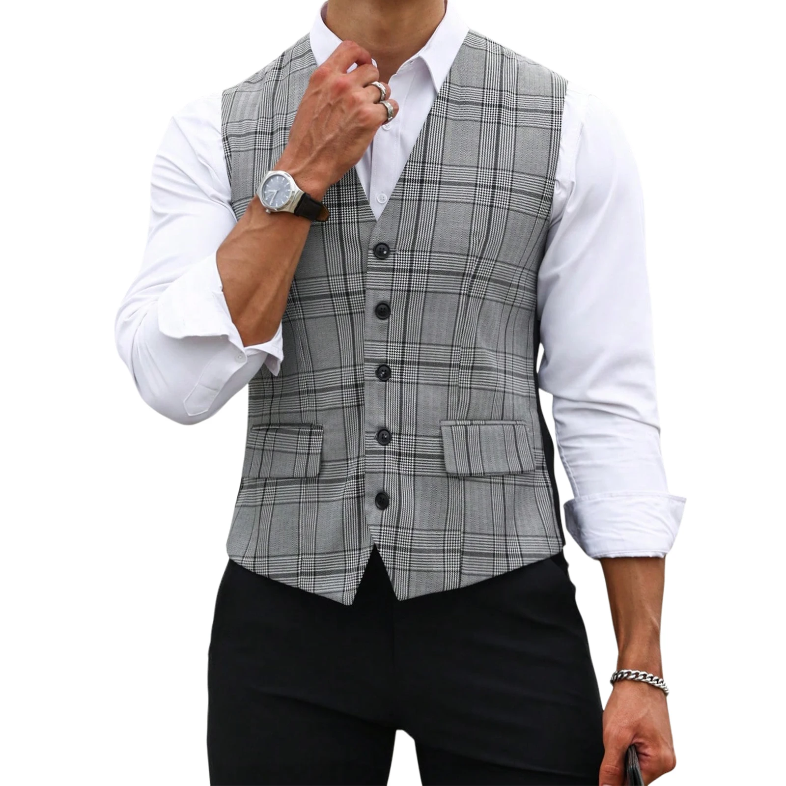 Men Grey Plaid Suit Vest Slim  - đánh giá và giá Formal Vest Waistcoat