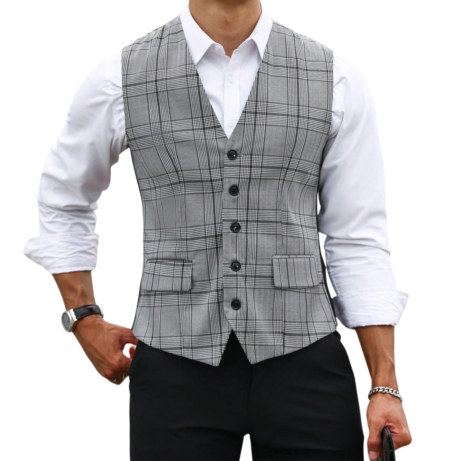 Men Grey Plaid Suit Vest Slim  - đánh giá và giá Formal Vest Waistcoat