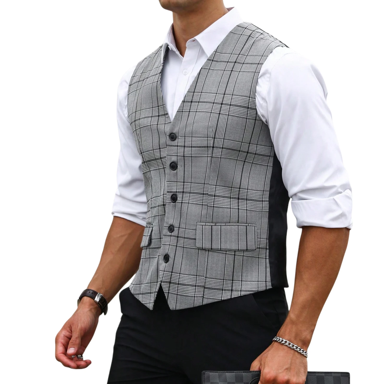 Men Grey Plaid Suit Vest Slim  - đánh giá và giá Formal Vest Waistcoat